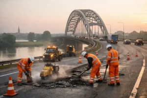 Werknemers zorgen dagelijks voor herstelwerkzaamheden aan de A12 bij de IJsselbrug
