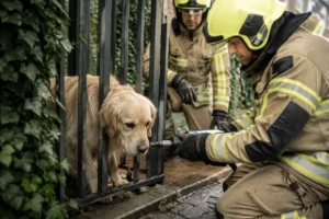 Hond vast tussen poortspijlen, brandweer helpt snel