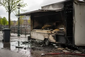 Explosie en brand bij frietkraam door vermoedelijke kortsluiting